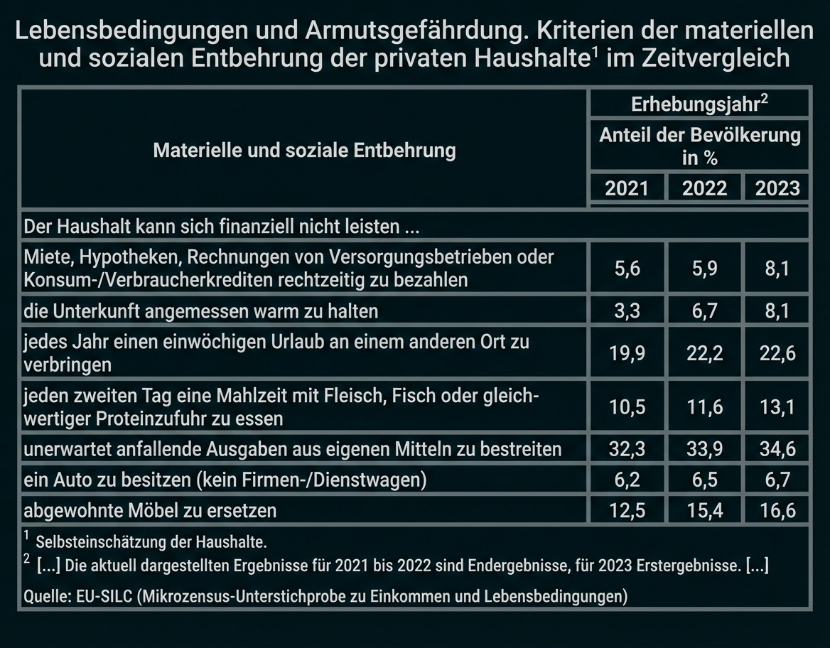 Tabelle: Materielle und soziale Entbehrung privater Haushalte, Anteil in % für 2021–2023